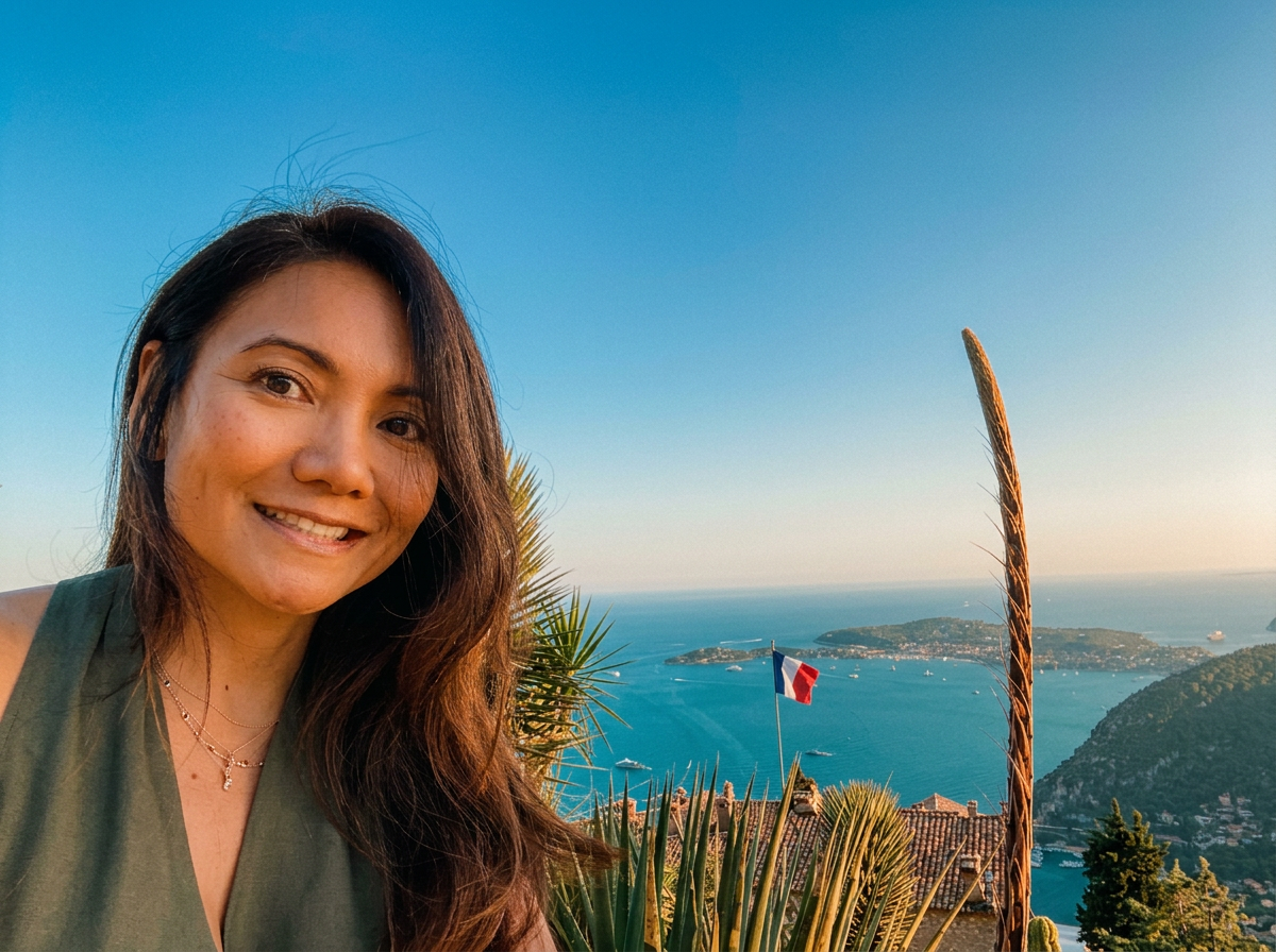 Bianca on the Côte d'Azur with the Riviera bay behind her