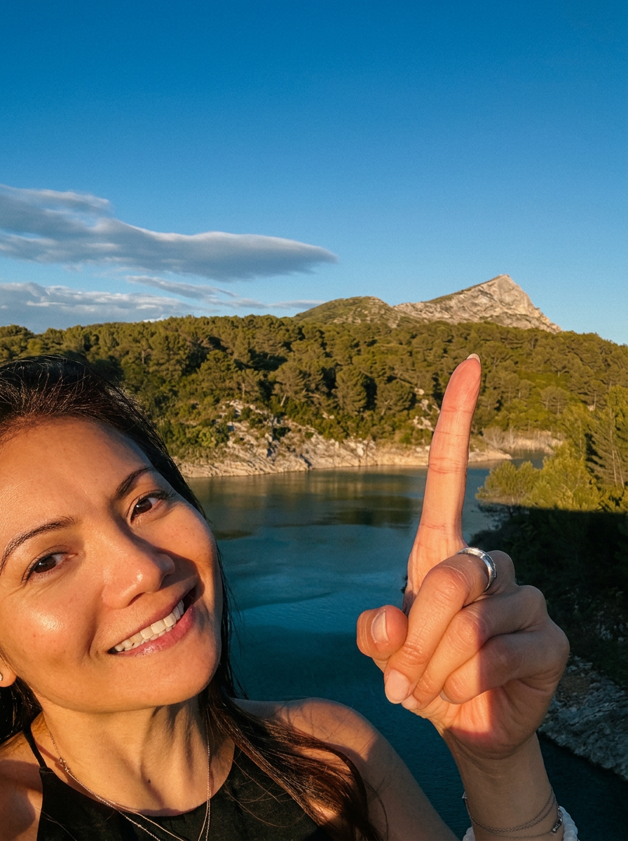 Bianca pointing toward the peak of Montagne Sainte-Victoire above a lake in Provence