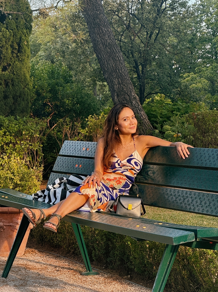 Bianca, founder of Allez Let's Go, sitting on a bench in a Provençal garden at golden hour