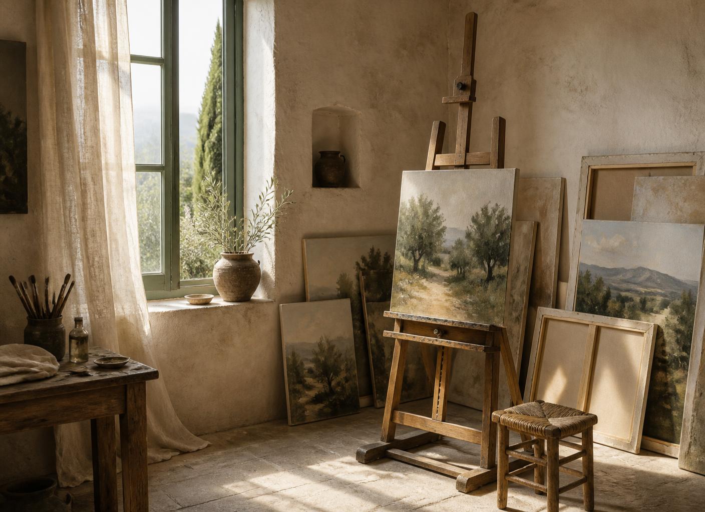 Sunlit Provençal painter's atelier with canvases resting against plaster walls
