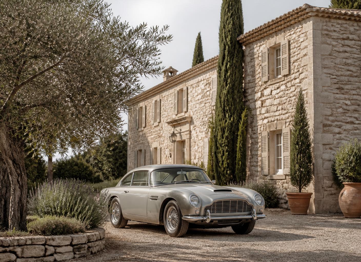 A classic car on a gravel drive beside a Provençal stone mas framed by olive trees