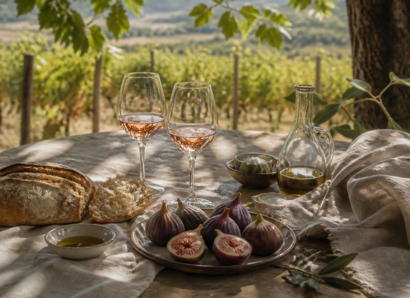 Rosé, figs, bread and olive oil on a linen-covered table overlooking a vineyard