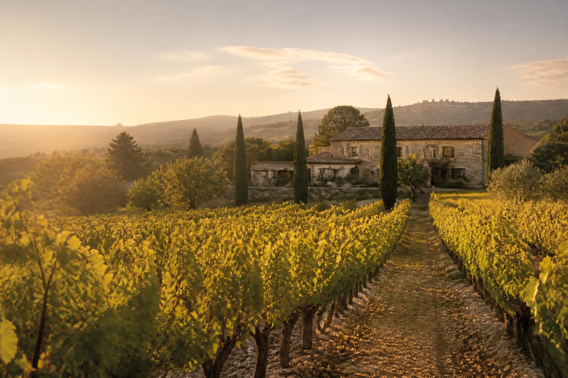 Vineyard rows leading to a Provençal stone farmhouse in golden evening light